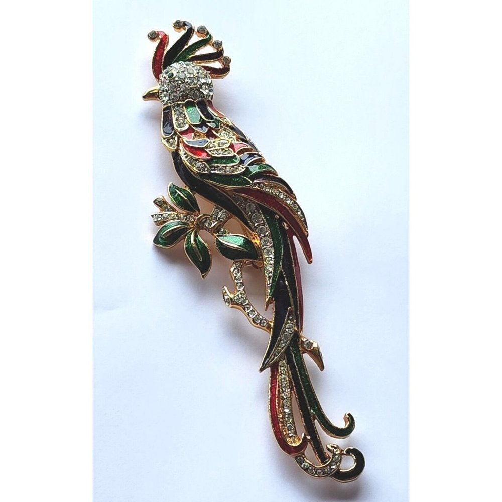 Vintage Enamel Rhinestone Bird Of Paradise Brooch Tropical Bird Gold Tone